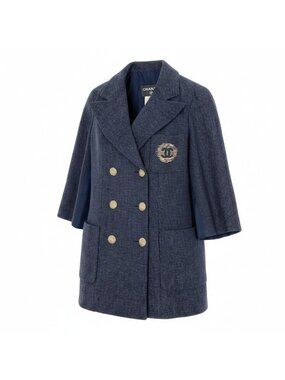 Chanel Vintage Cotton Tweed Jacket Double Breasted CC Logo Embroidery Gold